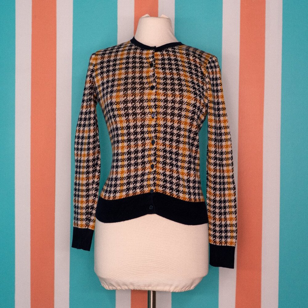 Ann Taylor Button-Up Navy and Gold Houndstooth Sweater